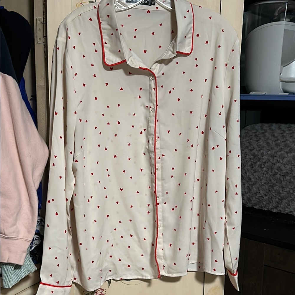 Allegra K Cream Button Down Shirt with Red Polka Dots